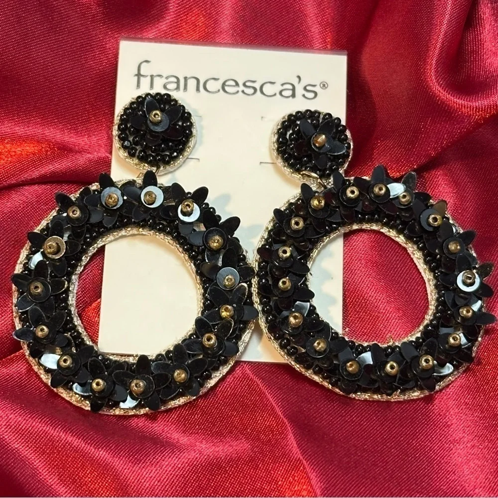 Francesca’s Black Sequin Floral Beaded Statement Earrings  NWT